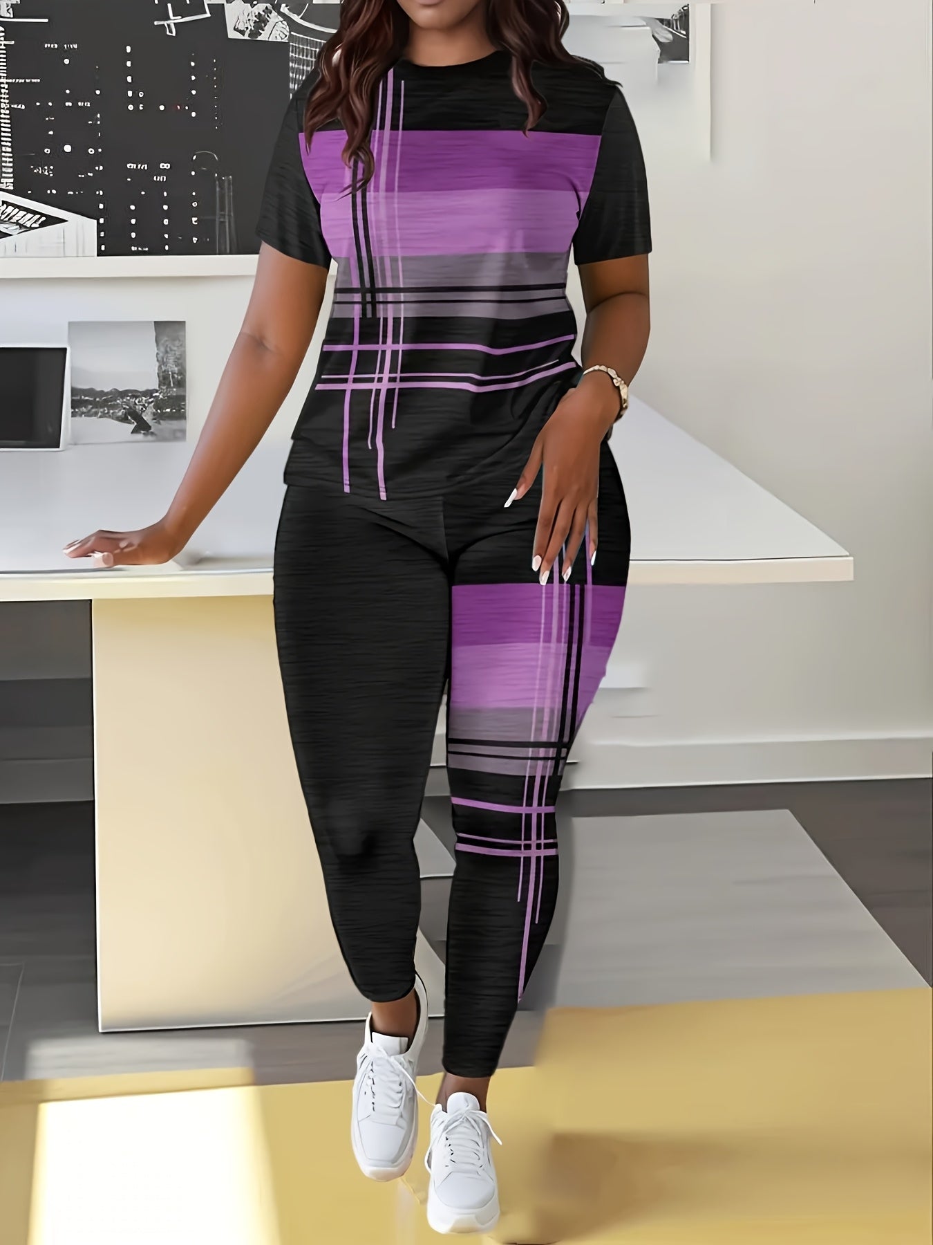 Yumi Duo Direction, Women's Printed Short Sleeve T-shirt + Long Pants Two-piece Set